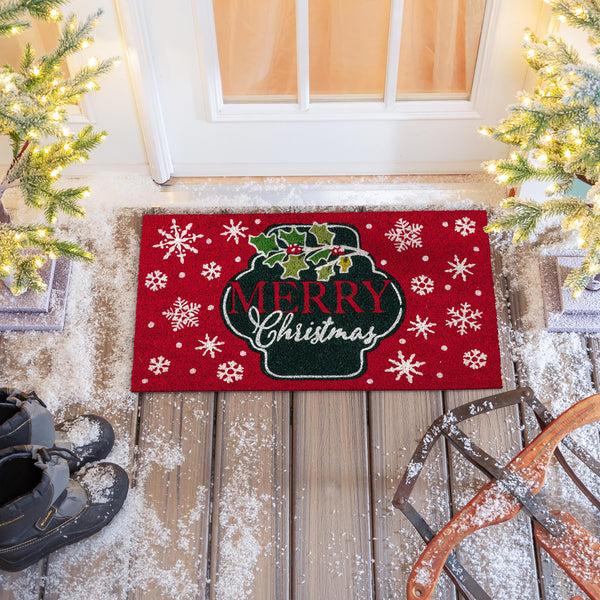plow & hearth Merry Christmas Floral Pattern Coir Mat
