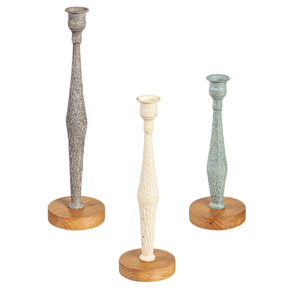 plow & hearth Metal Candlestick Holder with Wood Base Set of 3