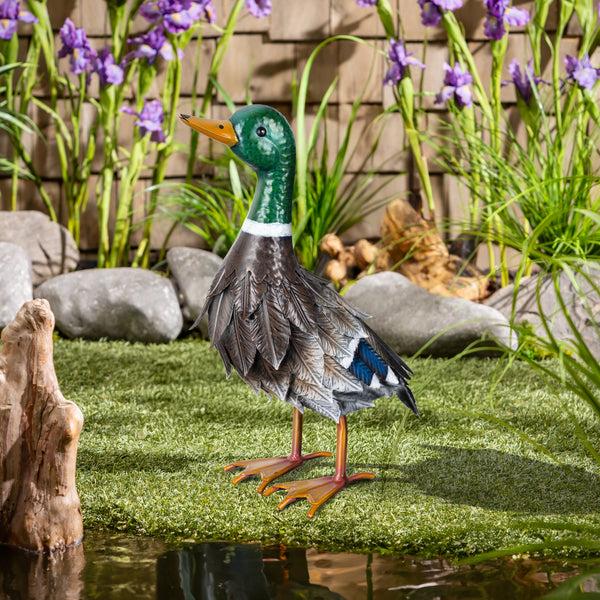 plow & hearth Metal Mallard Duck Garden Statue Looking Up Pose. 16"H