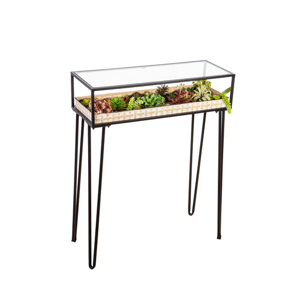 Plow & Hearth Metal Table With Glass Top And Gold Metal Planter Dish