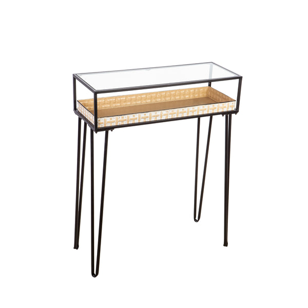 plow & hearth Metal Table with Glass Top and Gold Metal Planter Dish