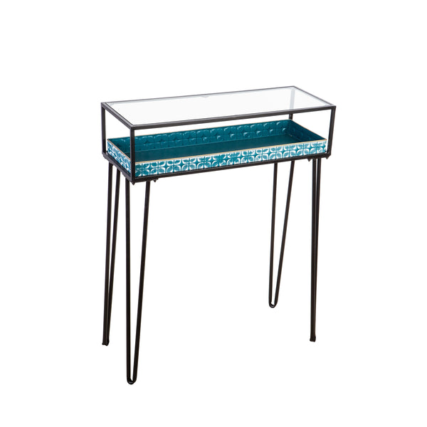 Plow & Hearth Metal Table With Glass Top And Teal Metal Planter Dish