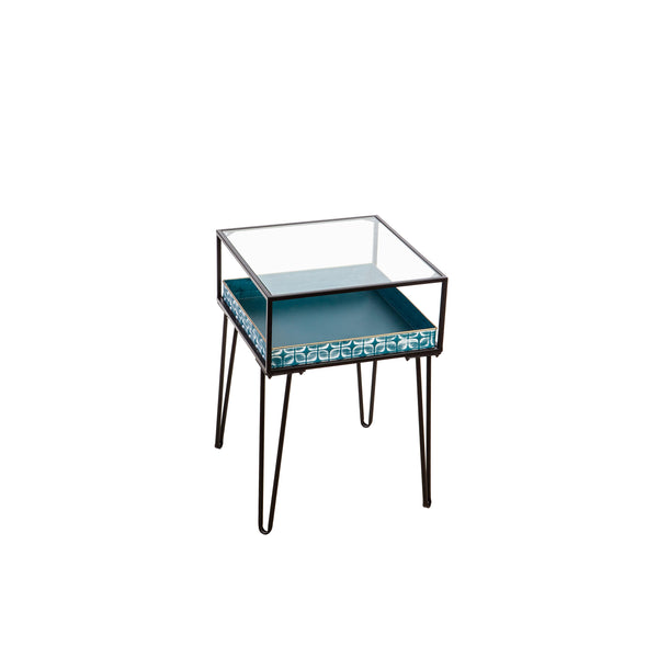 Plow & Hearth Metal Table With Glass Top And Teal Metal Planter Dish