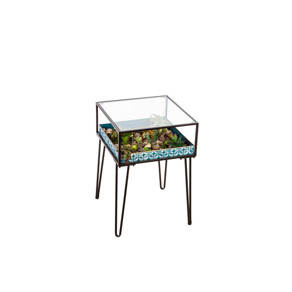 Plow & Hearth Metal Table With Glass Top And Teal Metal Planter Dish