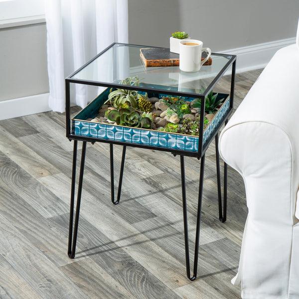 plow & hearth Metal Table with Glass Top and Teal Metal Planter Dish
