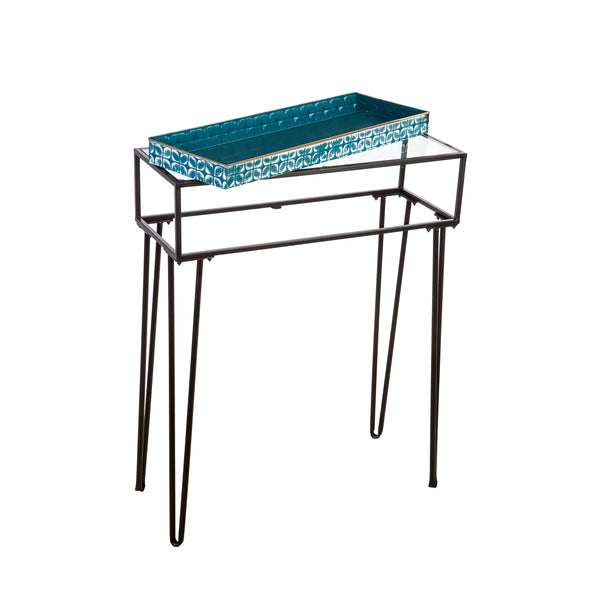 Plow & Hearth Metal Table With Glass Top And Teal Metal Planter Dish