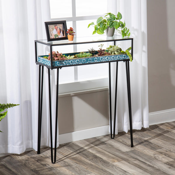 plow & hearth Metal Table with Glass Top and Teal Metal Planter Dish