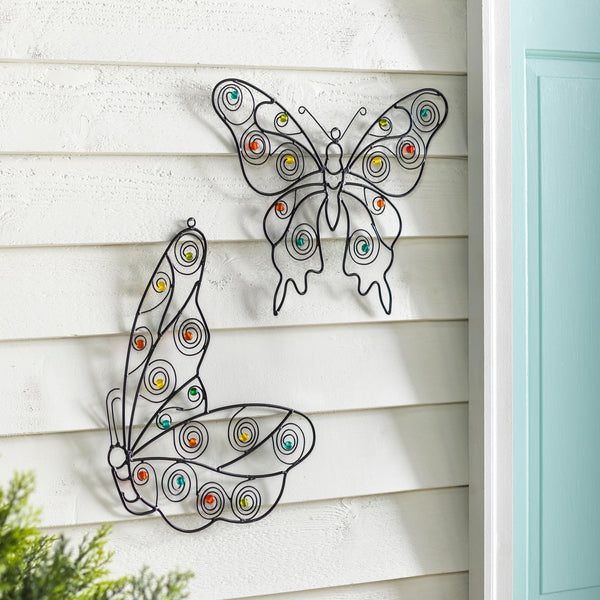 plow & hearth Metal Wall Butterfly with Glass beads Set of 2