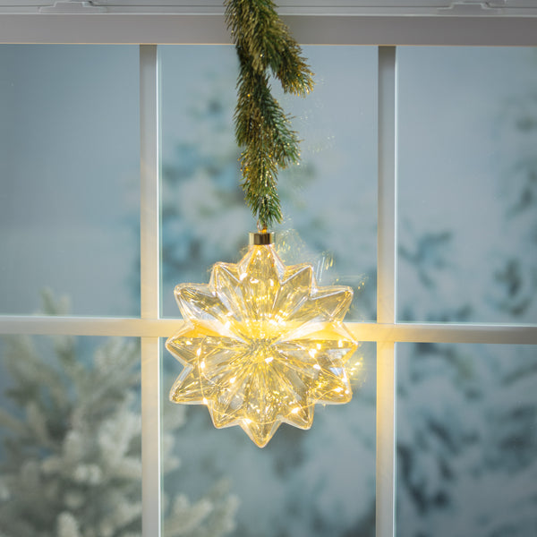 plow & hearth Micro LED Floral Glass Ball Indoor Outdoor Decorative Hanging Light Classic Warm Light