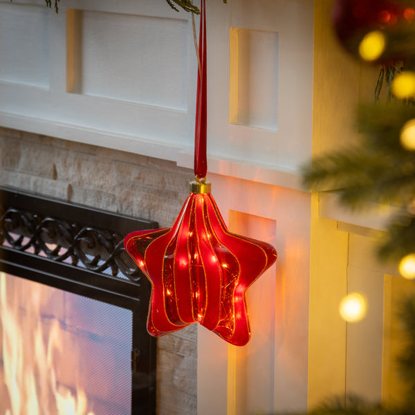plow & hearth Micro LED Red Star Indoor Outdoor Decorative Hanging Light Warm White Light