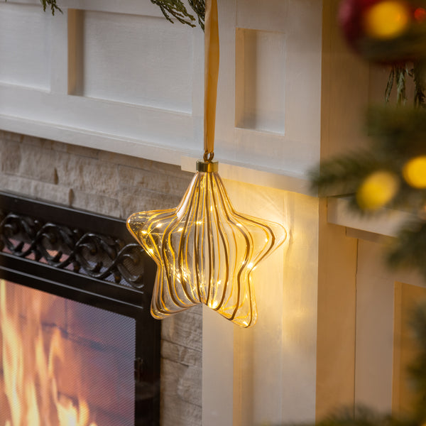 plow & hearth Micro LED Silver Star Indoor Outdoor Decorative Hanging Light Warm White Light