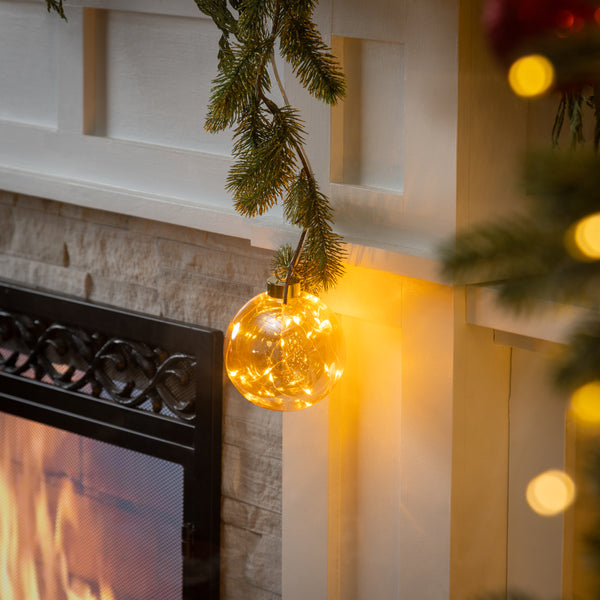 plow & hearth Micro LED Transparent Glass Ball Indoor Outdoor Decorative Hanging Light Classic Warm Light
