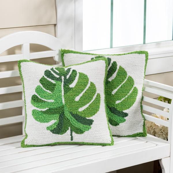 Plow & Hearth Monstera Leaf Indoor/Outdoor Hooked Pillow 18"x18"