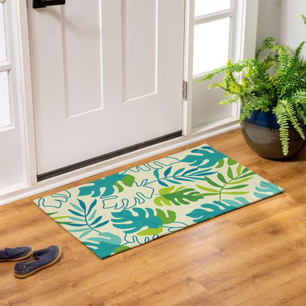 plow & hearth Monstera Leaf Indoor/Outdoor Hooked Rug 24"x42"