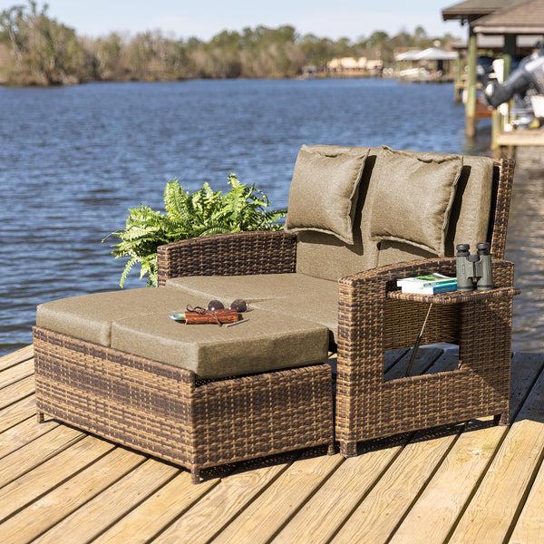 Plow & Hearth Multi-Functional Outdoor Wicker Love Seat Chaise Lounger With Taupe Cushions