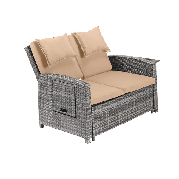 Plow & Hearth Multi-Functional Outdoor Wicker Love Seat Chaise Lounger With Taupe Cushions