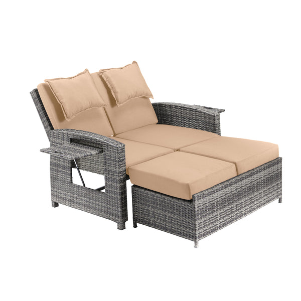 Plow & Hearth Multi-Functional Outdoor Wicker Love Seat Chaise Lounger With Taupe Cushions