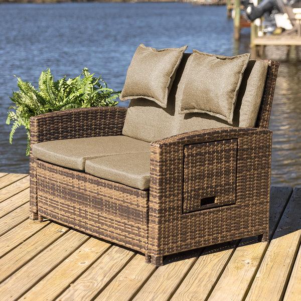 plow & hearth Multi-Functional Outdoor Wicker Love Seat Chaise Lounger with Taupe Cushions