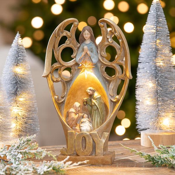 plow & hearth Nativity LED Table Decor Resin Angel with Nested Scene 12"