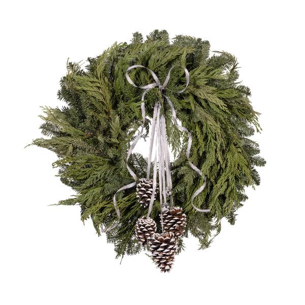 Plow & Hearth Noble Fir And Pinecone Fresh Wreath With Bells 20"