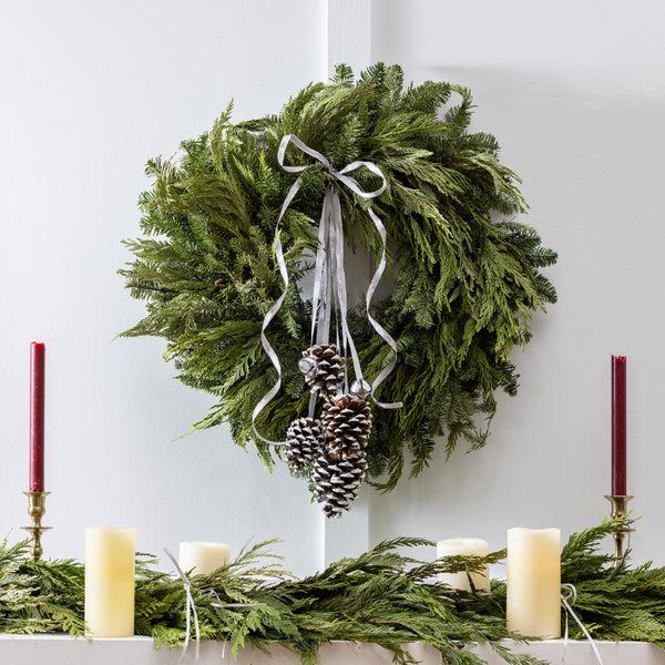 plow & hearth Noble Fir and Pinecone Fresh Wreath with Bells 20"