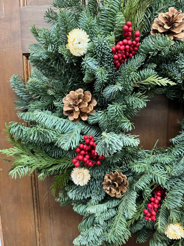 Plow & Hearth Noble Fir And Red Berries Fresh Wreath 20"