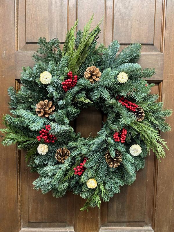 plow & hearth Noble Fir and Red Berries Fresh Wreath 20"