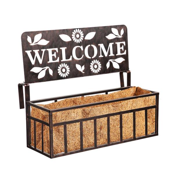 plow & hearth Oil Rubbed Bronze Railing Planter with Topper Welcome