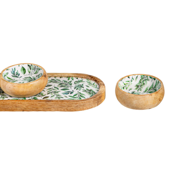 Plow & Hearth Olive Oasis 3-Section Wood Server With Bowls 13"L