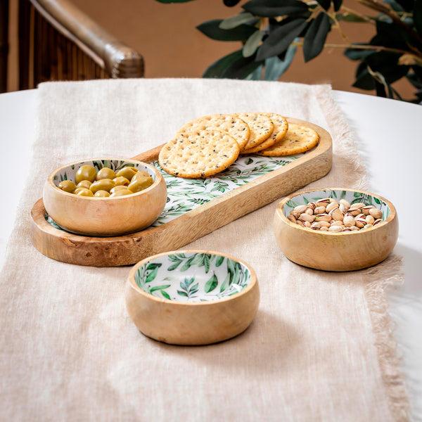 plow & hearth Olive Oasis 3-Section Wood Server with Bowls 13"L