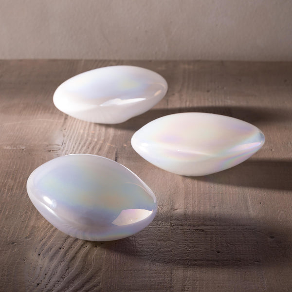 plow & hearth Organic Shaped Iridescent Glass Stones Set of 3 White