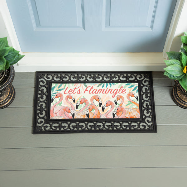 plow & hearth Palm Beach Flamingo Flocked Coir Sassafras Switch Mat "Let's Flamingle" 22"x10"