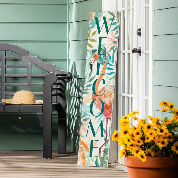 plow & hearth Palm Beach Flamingo Porch Leaner "Welcome" 46"H