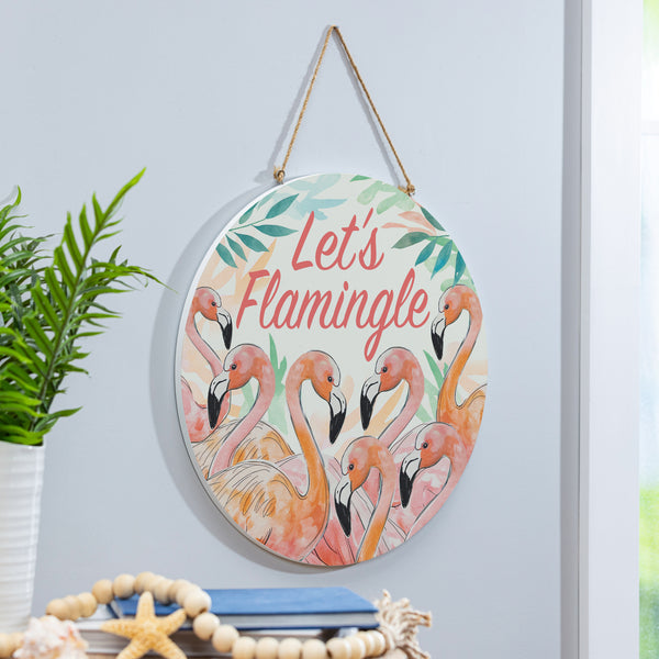 Plow & Hearth Palm Beach Flamingo Wood Door Décor "Let's Flamingle" 18"