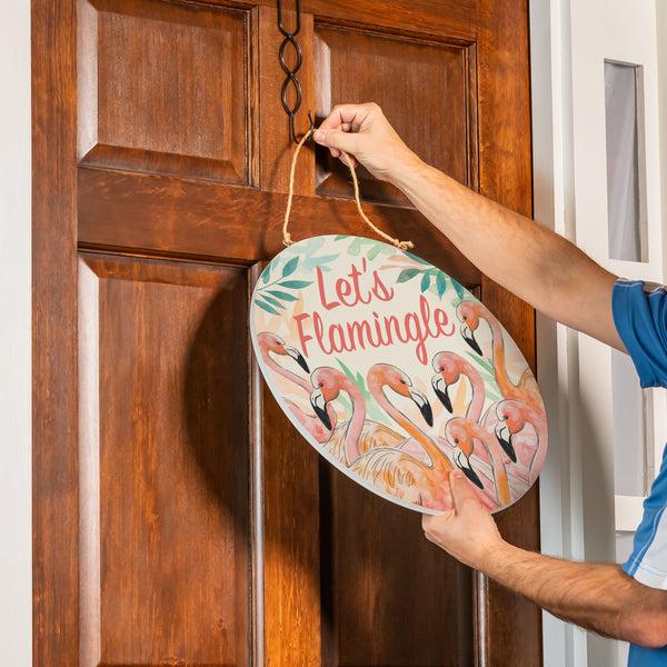Plow & Hearth Palm Beach Flamingo Wood Door Décor "Let's Flamingle" 18"