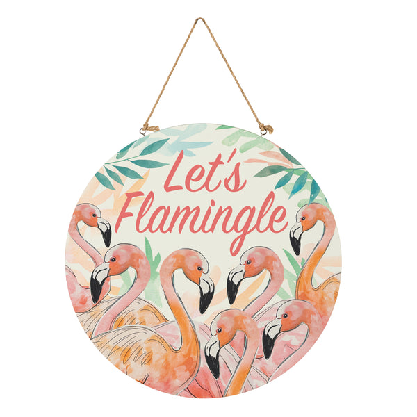 Plow & Hearth Palm Beach Flamingo Wood Door Décor "Let's Flamingle" 18"