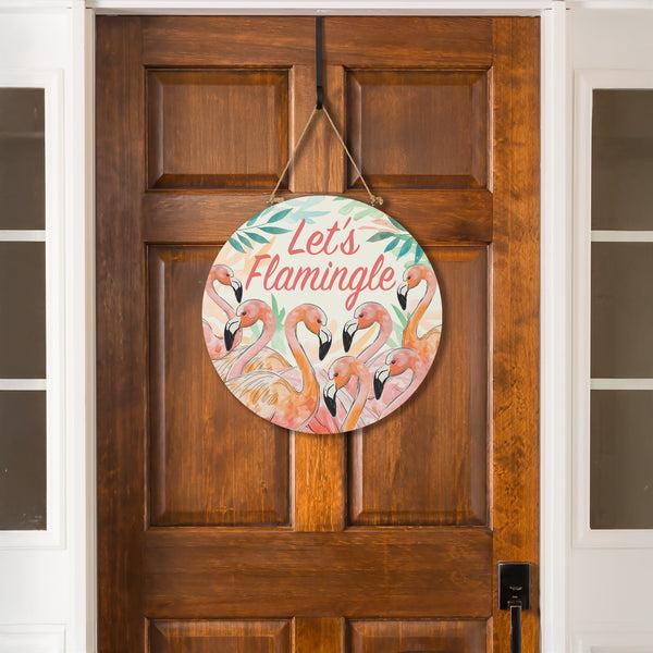 plow & hearth Palm Beach Flamingo Wood Door Décor "Let's Flamingle" 18"