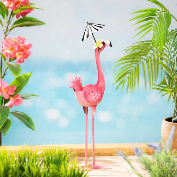 Plow & Hearth Palm Beach Garden Statue Metal Flamingo Garden Statue With Black Stripe Umbrella 25"H