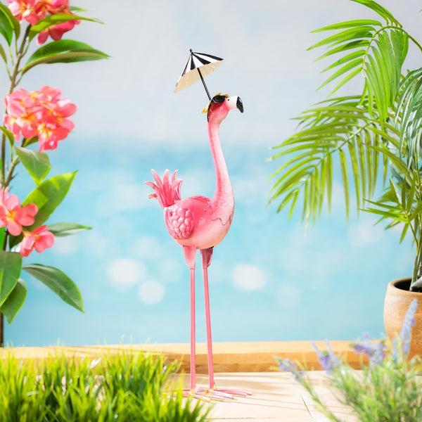 plow & hearth Palm Beach Garden Statue Metal Flamingo Garden Statue with Black Stripe Umbrella 25"H