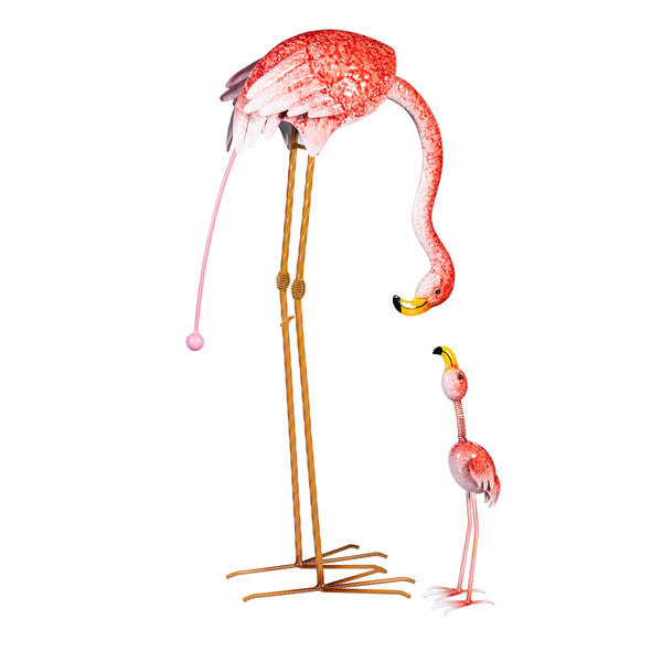Plow & Hearth Palm Beach Garden Statue Metal Flamingo Mom Balancer With Wobble Baby Statue Set 31.5"H