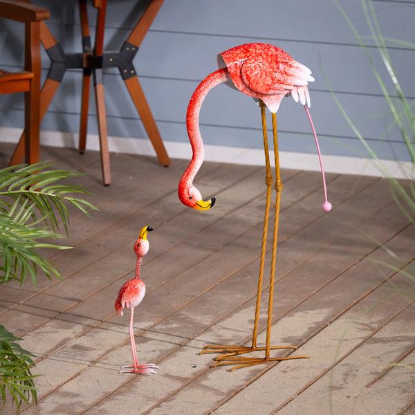 plow & hearth Palm Beach Garden Statue Metal Flamingo Mom Balancer with Wobble Baby Statue Set 31.5"H
