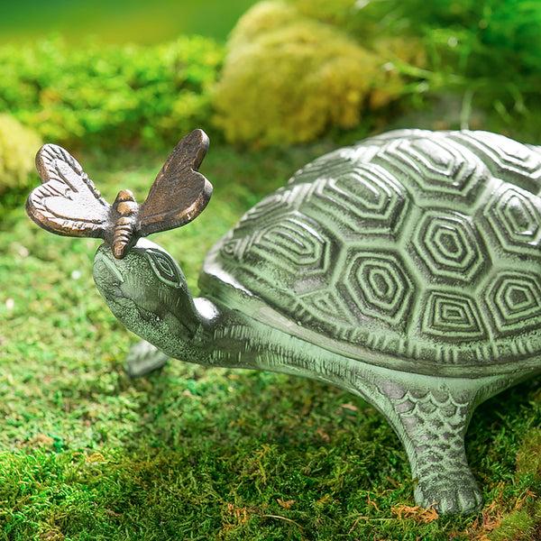 Plow & Hearth Palm Beach Garden Statue Verdigris Metal Turtle And Butterfly 14"L