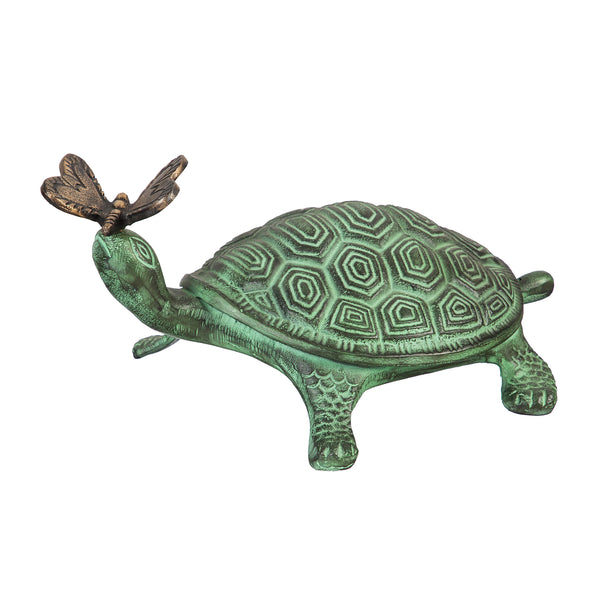 Plow & Hearth Palm Beach Garden Statue Verdigris Metal Turtle And Butterfly 14"L