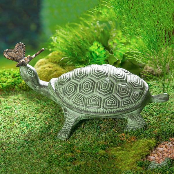 plow & hearth Palm Beach Garden Statue Verdigris Metal Turtle and Butterfly 14"L