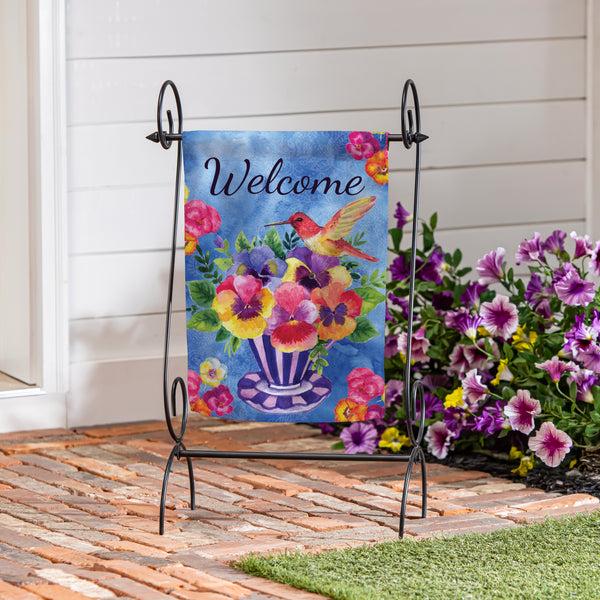 Plow & Hearth Pansies & Hummingbird Tea Cup Suede Garden Flag