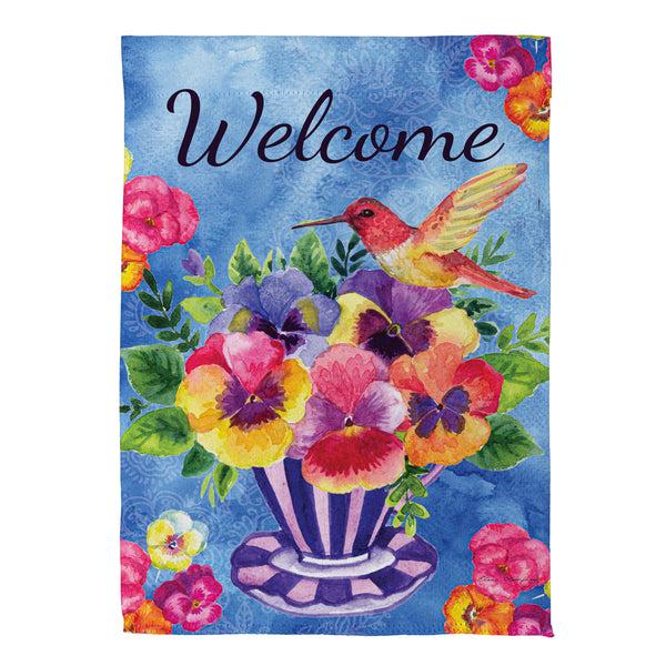Plow & Hearth Pansies & Hummingbird Tea Cup Suede Garden Flag