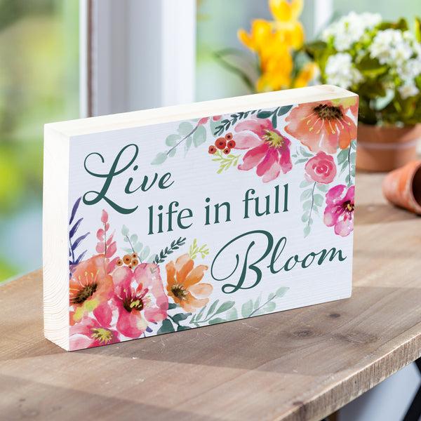 plow & hearth Pastels of Nature Sign Wood Block "Live Life In Full Bloom" 12"L x 8"H