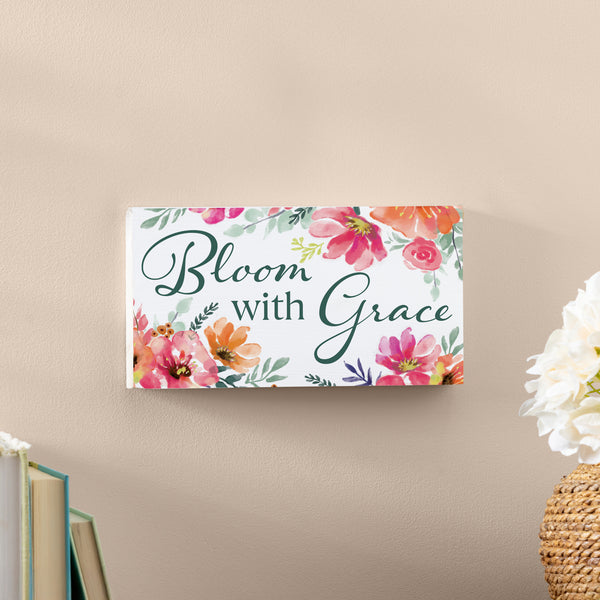 Plow & Hearth Pastels Of Nature Wood Hanging Sign W/ Rope "Bloom With Grace" 11"x6"