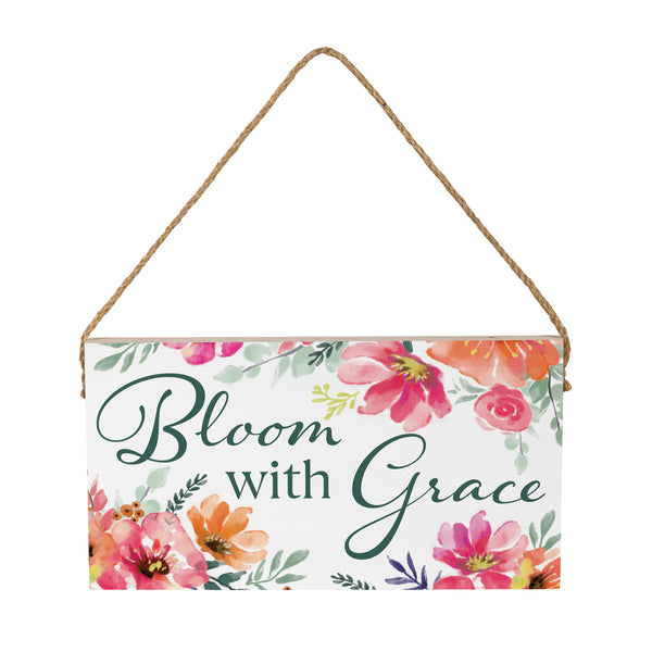 Plow & Hearth Pastels Of Nature Wood Hanging Sign W/ Rope "Bloom With Grace" 11"x6"