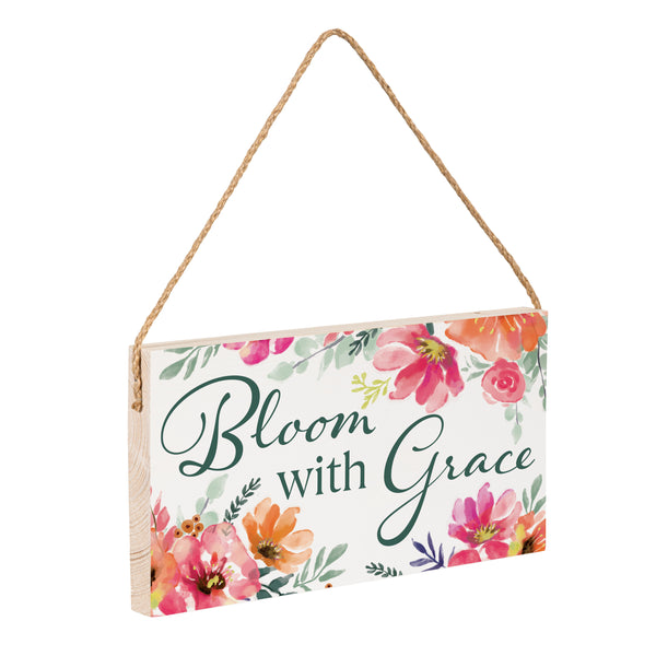 Plow & Hearth Pastels Of Nature Wood Hanging Sign W/ Rope "Bloom With Grace" 11"x6"